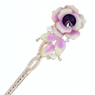 Gold Finish Enamel Blooming Flower Hair Stick w/ Rhinestone & Pearls